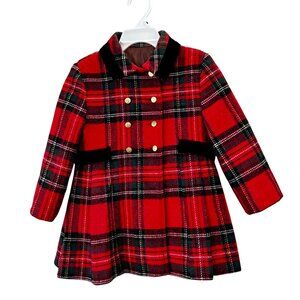 Vintage Cute Togs Pea Coat 3 Girls Red Plaid Christmas Dressy Wool Blend Tartan
